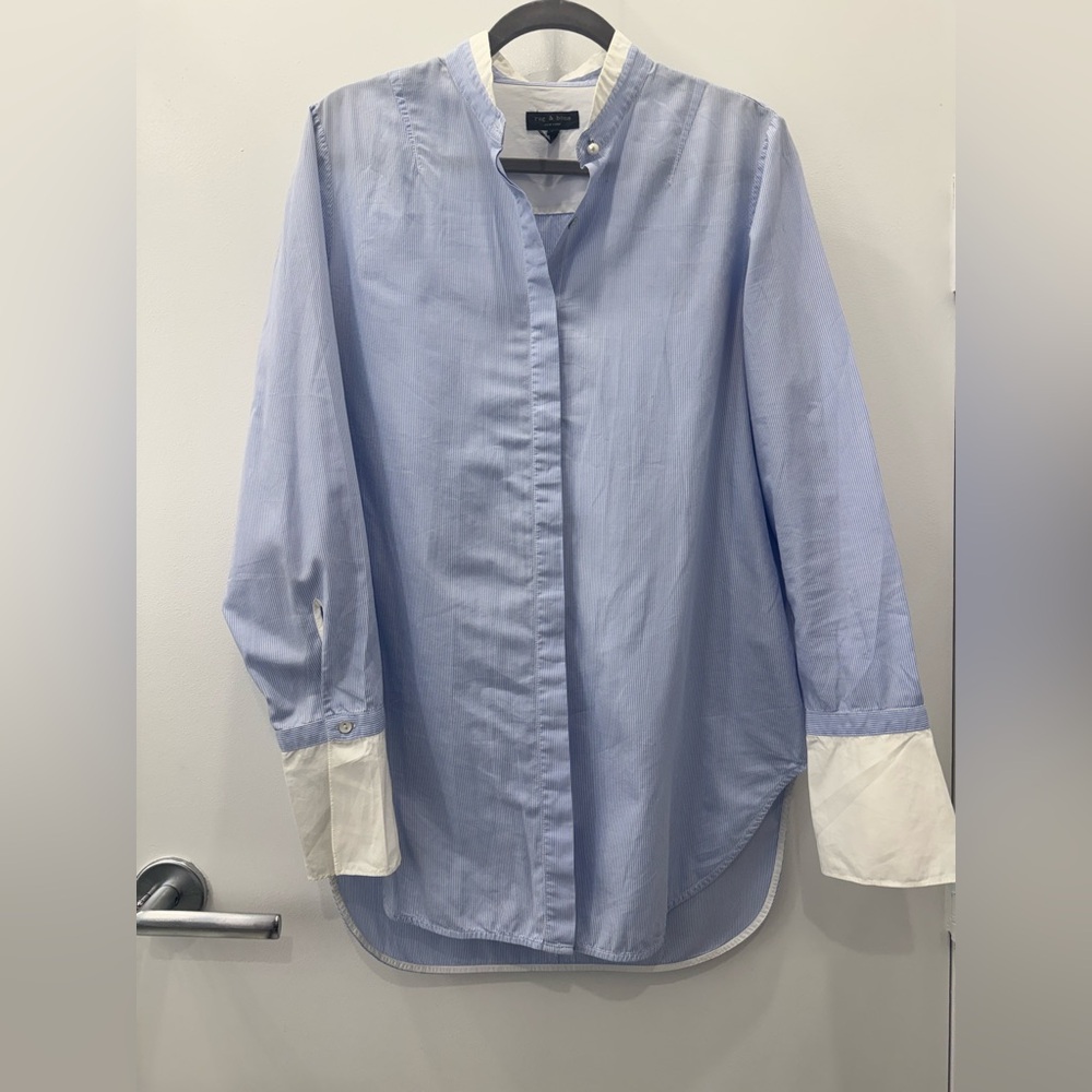 rag & bone Light Blue Striped Long Button Down Shirt with White Cuff Sleeves